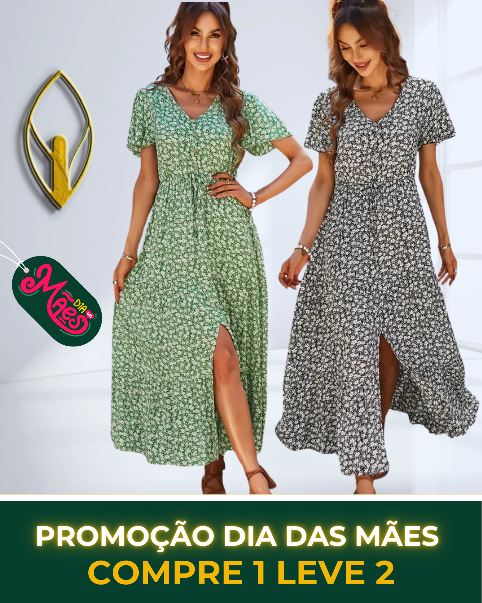 COMPRE 1 LEVE 2 - Vestido Longo Florido Soltinho com Fenda - DIA DAS MÃES